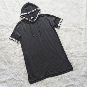 Cable & Gauge Black Hooded Mini Dress with White Tie-Dye Trim